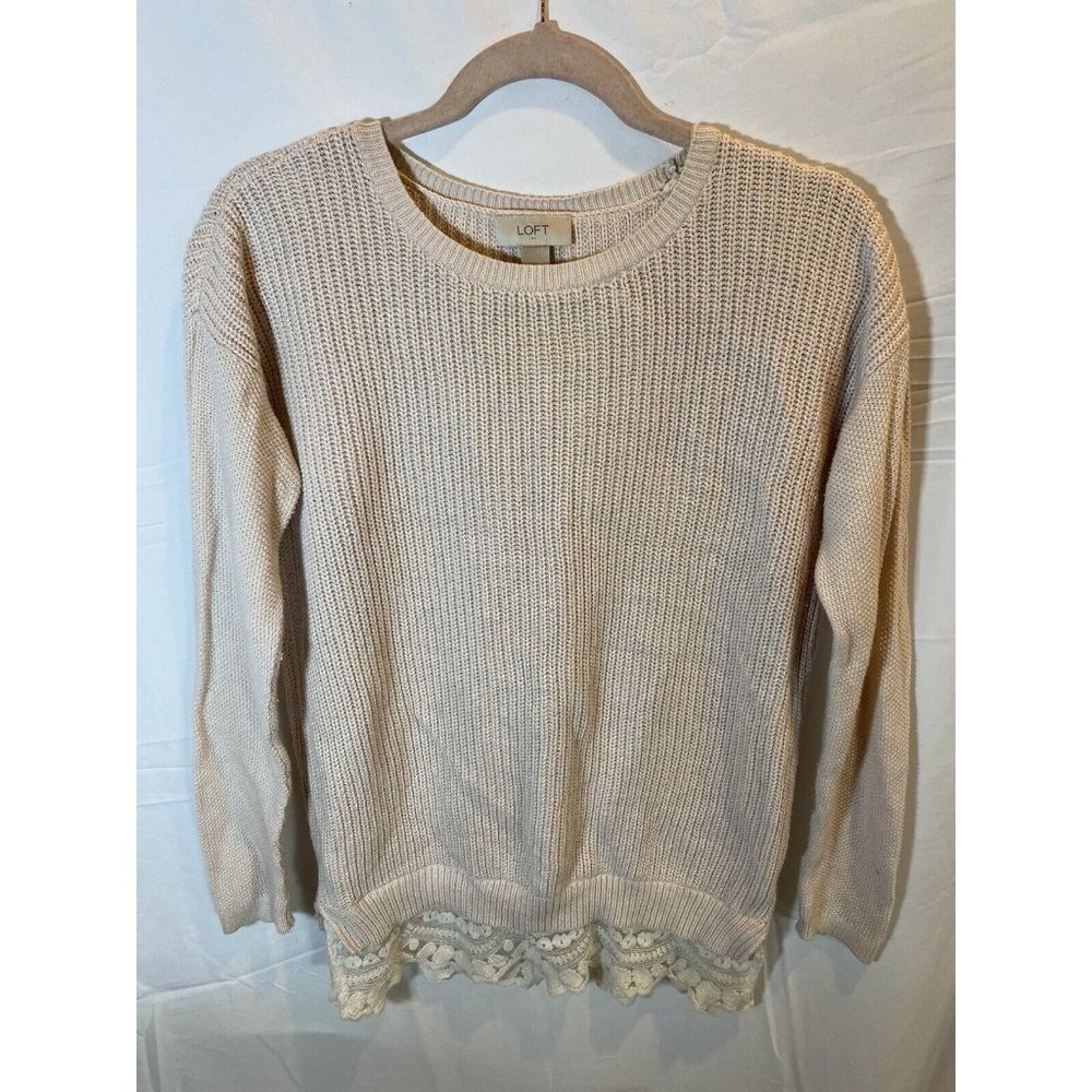 Loft Sweater Womens Small Cream Long Sleeve 100% Cotton Pullover Lace‎ Bottom.